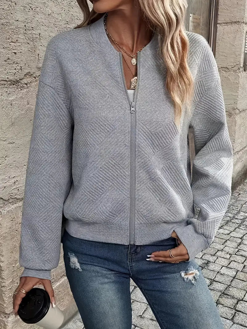 Women's Textured Zip-Up Cardigan with Ribbed Hem and Long Sleeves