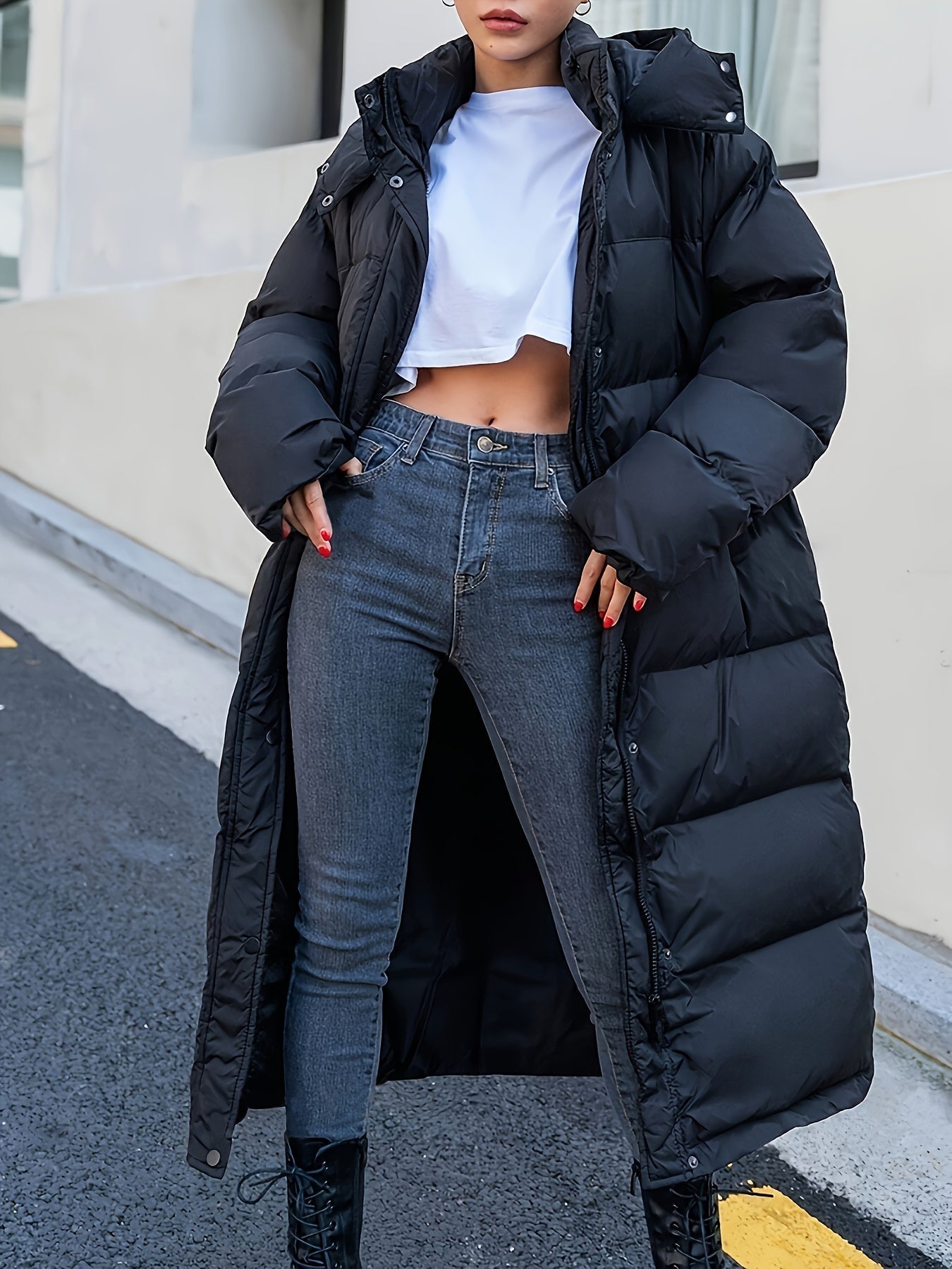 Women's Hooded Long Black Puffer Jacket with Full-Length Quilted Style