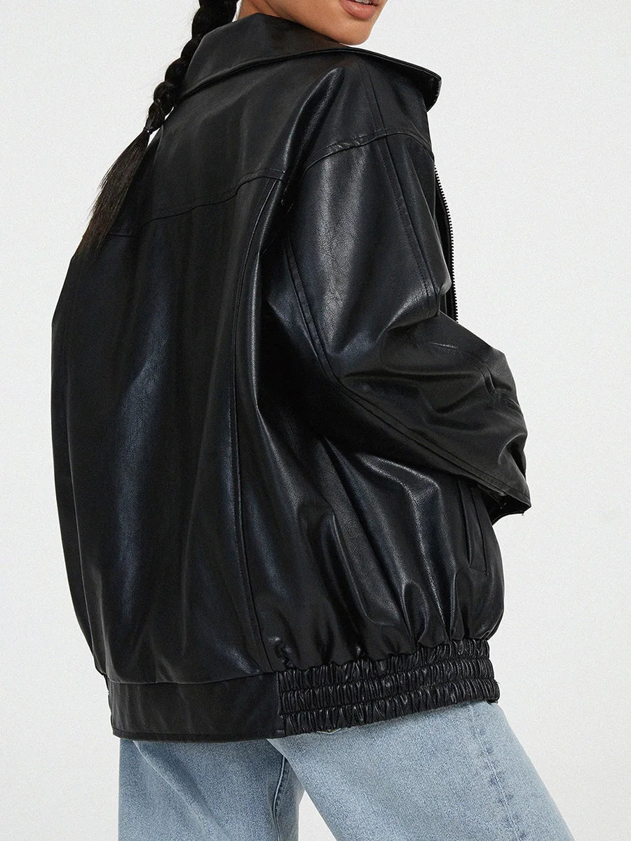 Women's Oversized Leather Bomber Jacket featuring Zip Closure