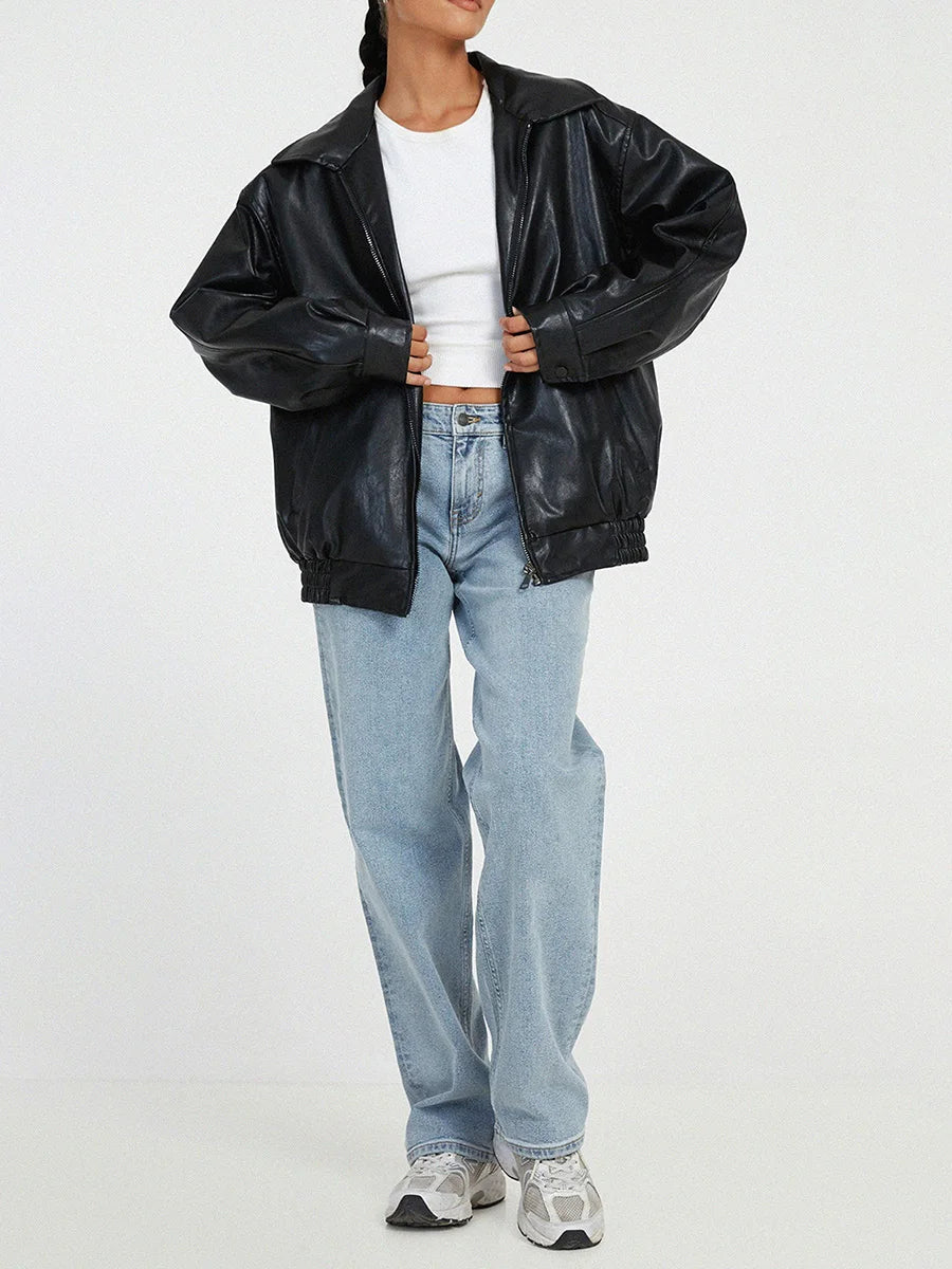 Women's Oversized Leather Bomber Jacket featuring Zip Closure