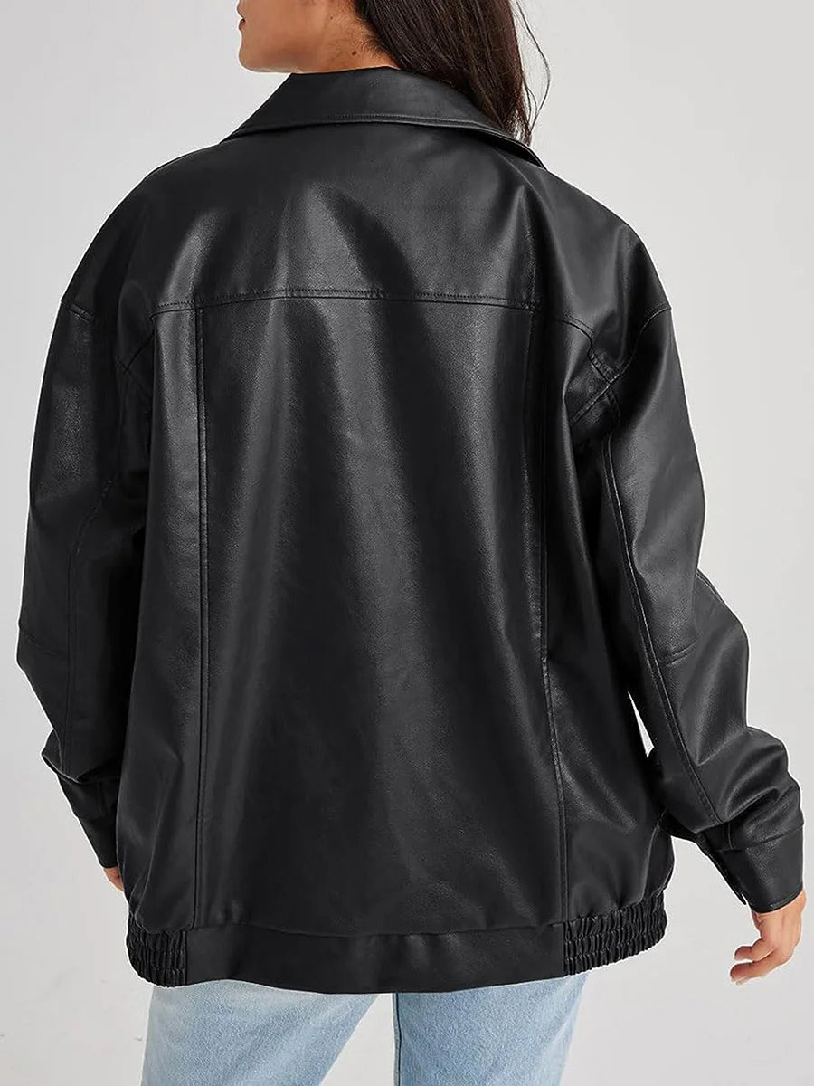 Women's Oversized Leather Bomber Jacket featuring Zip Closure