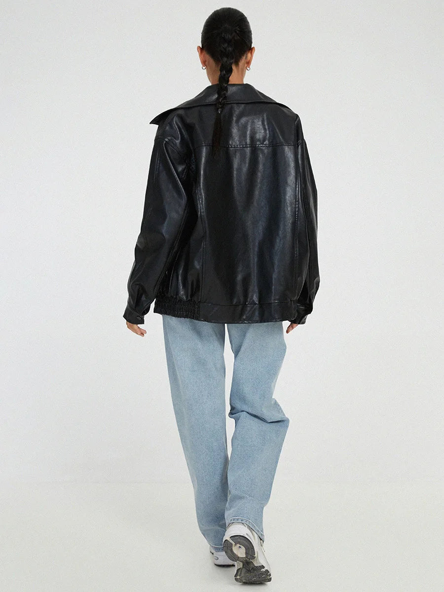 Women's Oversized Leather Bomber Jacket featuring Zip Closure