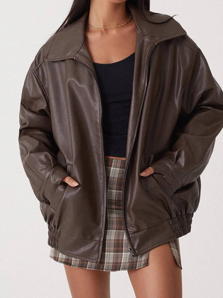 Women's Oversized Leather Bomber Jacket featuring Zip Closure