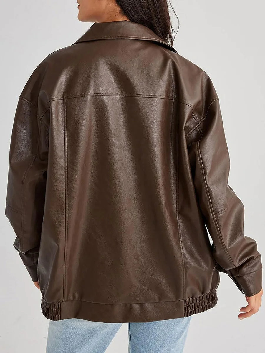 Women's Oversized Leather Bomber Jacket featuring Zip Closure
