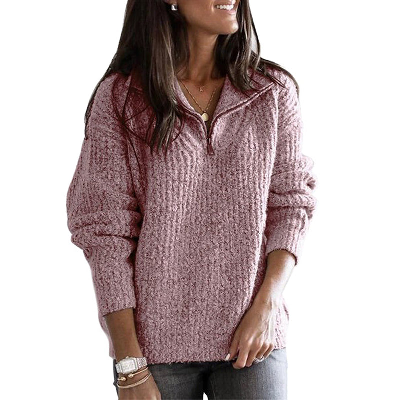 Women's Half-Zip Sweater with Textured Knit Stand Collar in Relaxed Fit