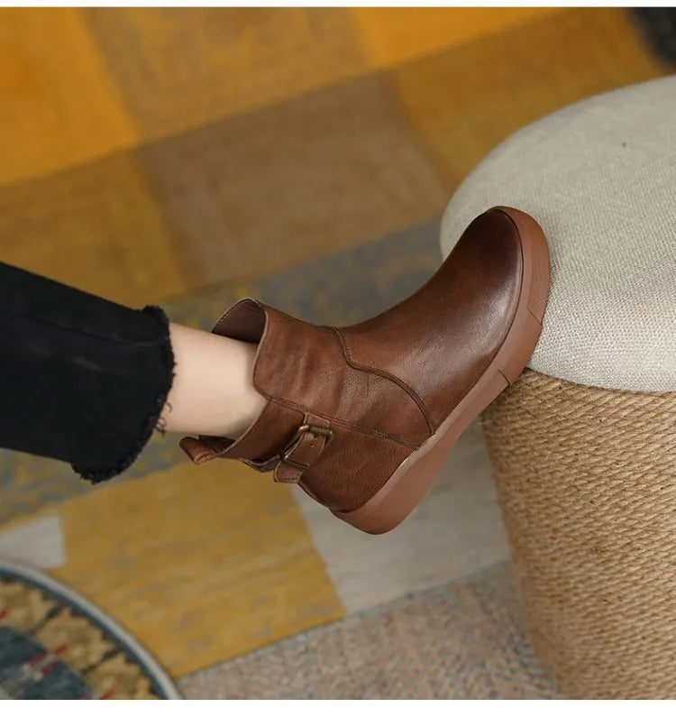 Women's Mid-Ankle Boots with Side Buckle and Cozy Flat Sole