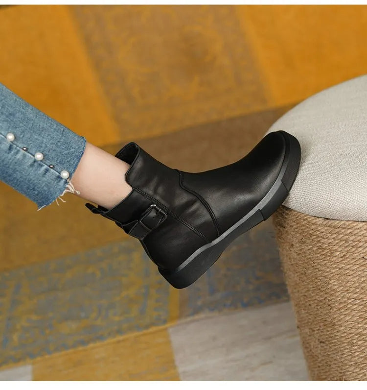 Women's Mid-Ankle Boots with Side Buckle and Cozy Flat Sole