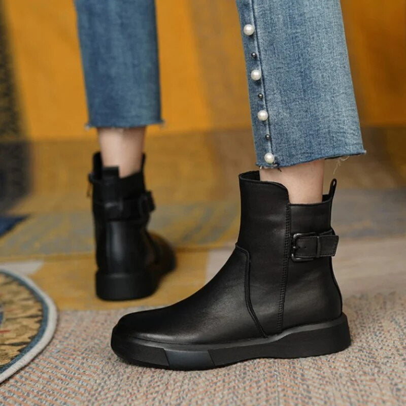 Women's Mid-Ankle Boots with Side Buckle and Cozy Flat Sole