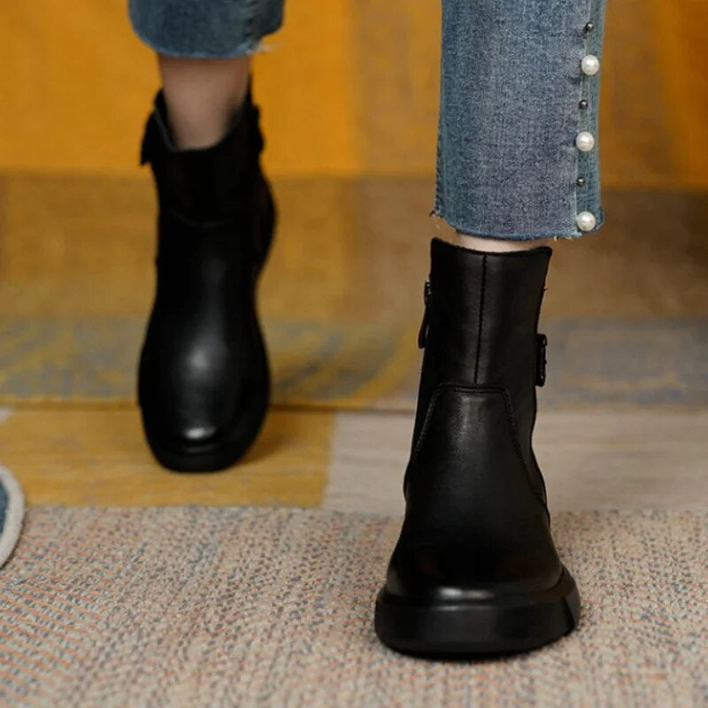 Women's Mid-Ankle Boots with Side Buckle and Cozy Flat Sole