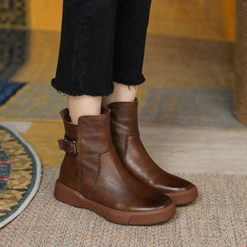 Women's Mid-Ankle Boots with Side Buckle and Cozy Flat Sole