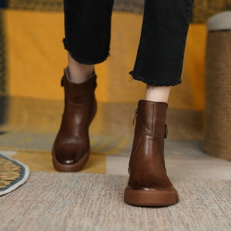 Women's Mid-Ankle Boots with Side Buckle and Cozy Flat Sole