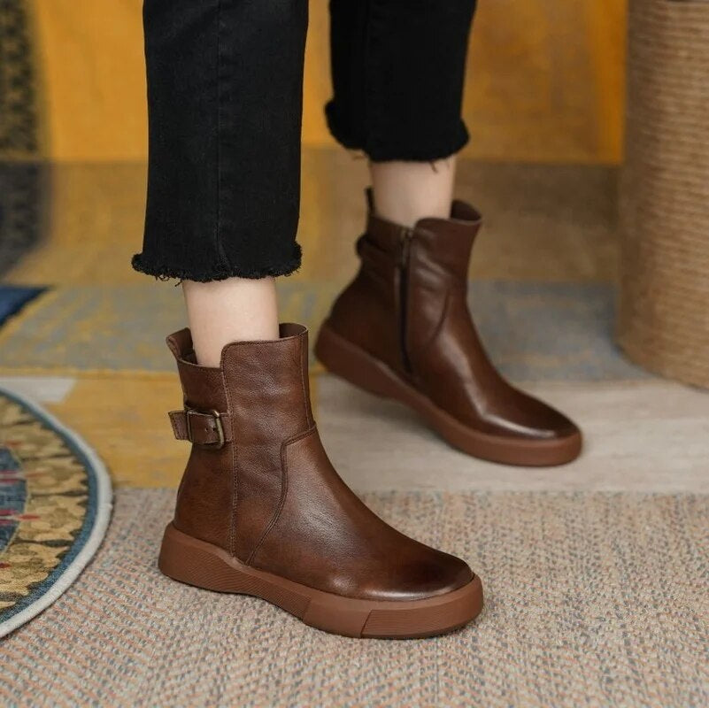 Women's Mid-Ankle Boots with Side Buckle and Cozy Flat Sole
