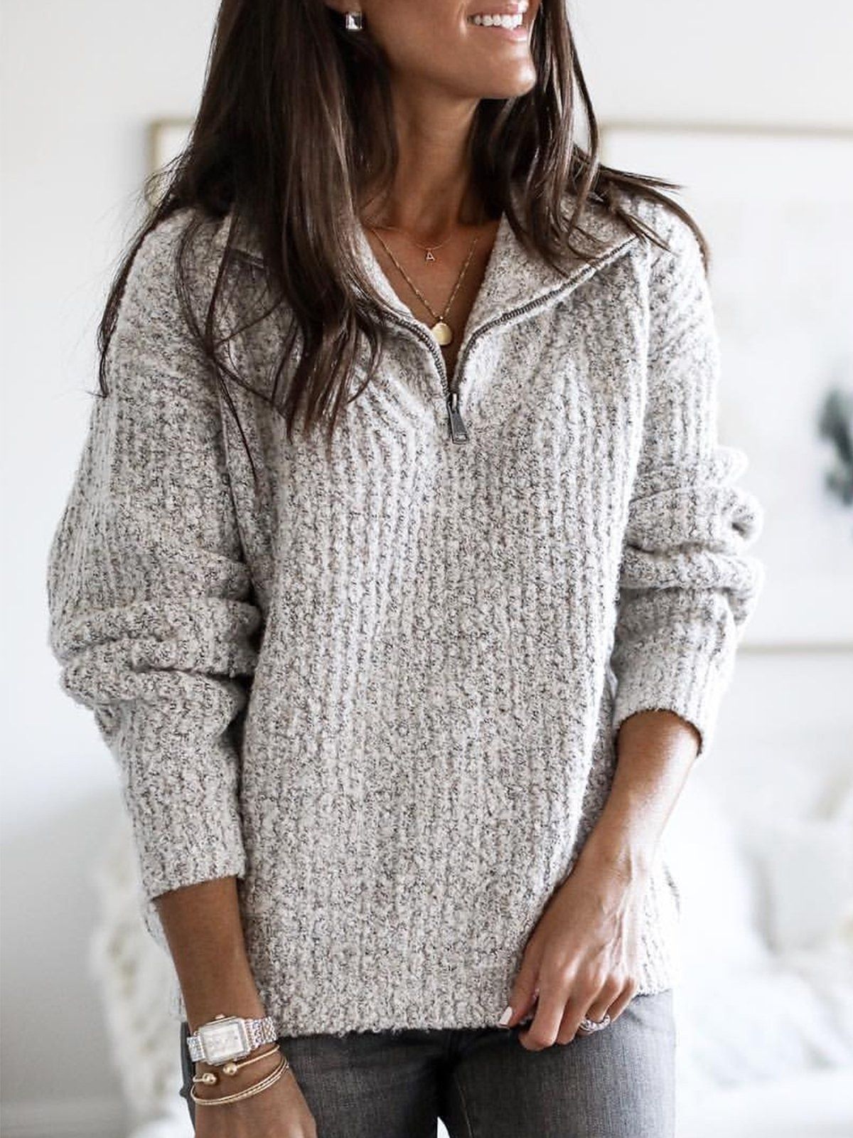 Women's Half-Zip Sweater with Textured Knit Stand Collar in Relaxed Fit