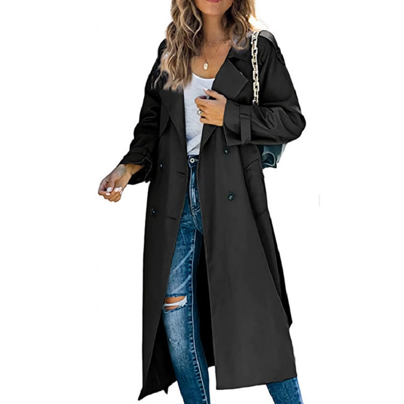 Double-Breasted Long Trench Coat for Women with Belted Sleeves