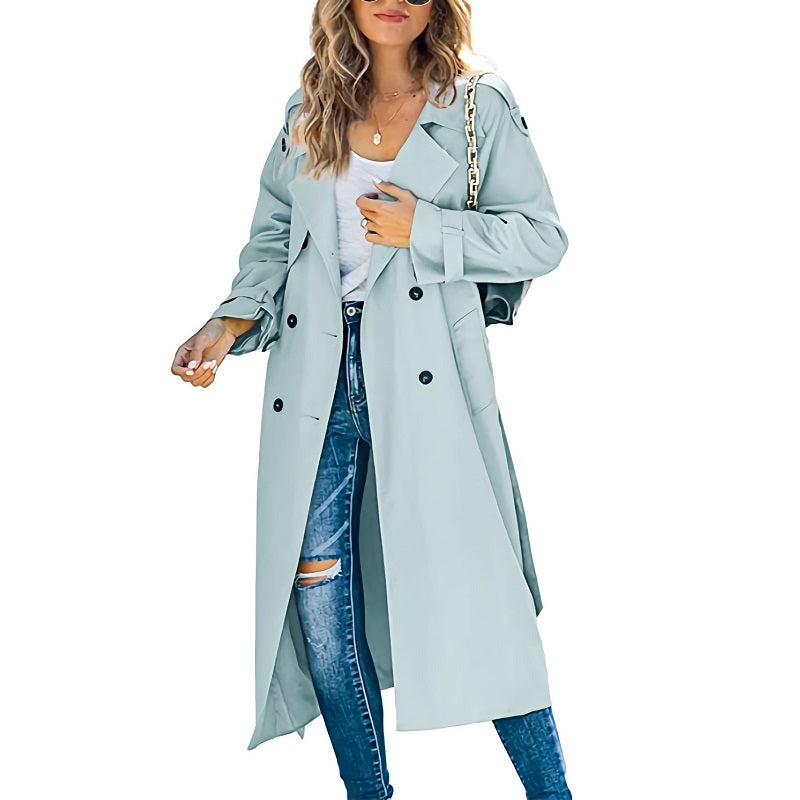 Double-Breasted Long Trench Coat for Women with Belted Sleeves