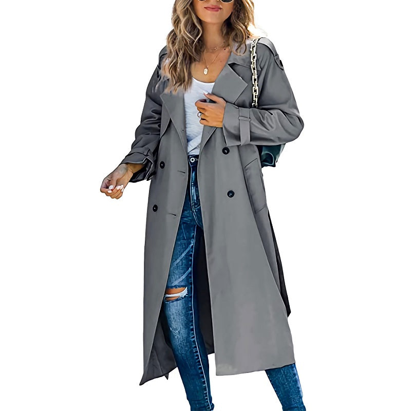 Double-Breasted Long Trench Coat for Women with Belted Sleeves