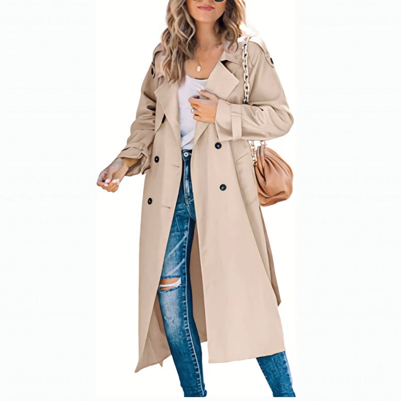 Double-Breasted Long Trench Coat for Women with Belted Sleeves