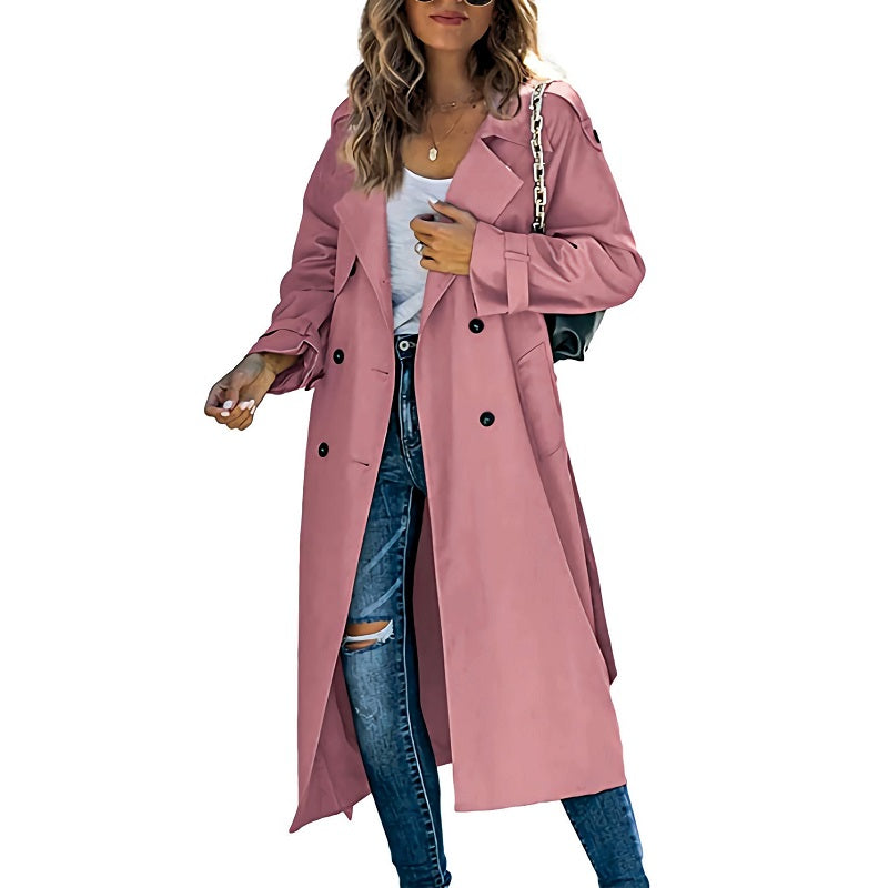 Double-Breasted Long Trench Coat for Women with Belted Sleeves