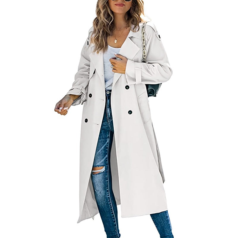 Double-Breasted Long Trench Coat for Women with Belted Sleeves