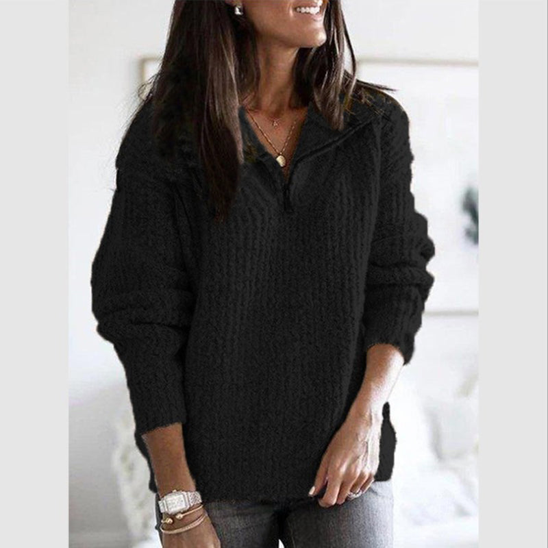 Women's Half-Zip Sweater with Textured Knit Stand Collar in Relaxed Fit