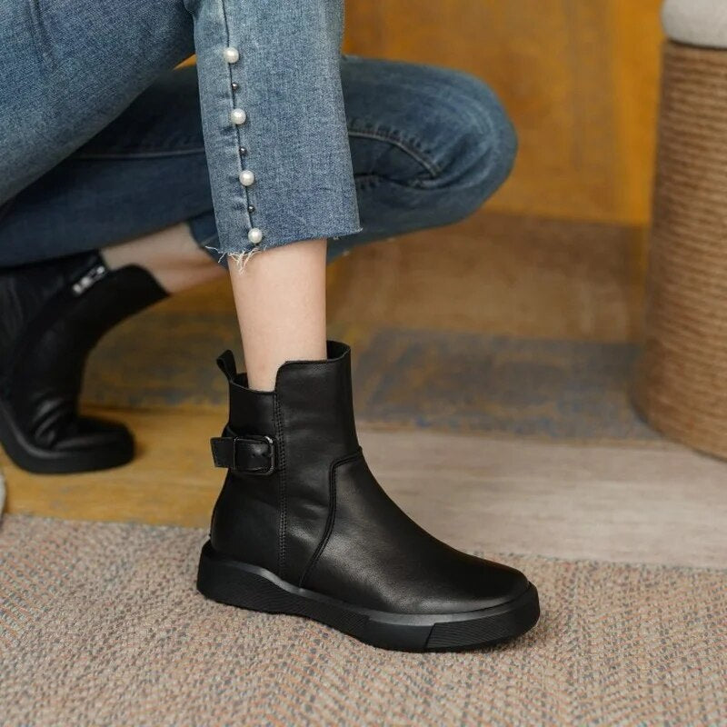 Women's Mid-Ankle Boots with Side Buckle and Cozy Flat Sole