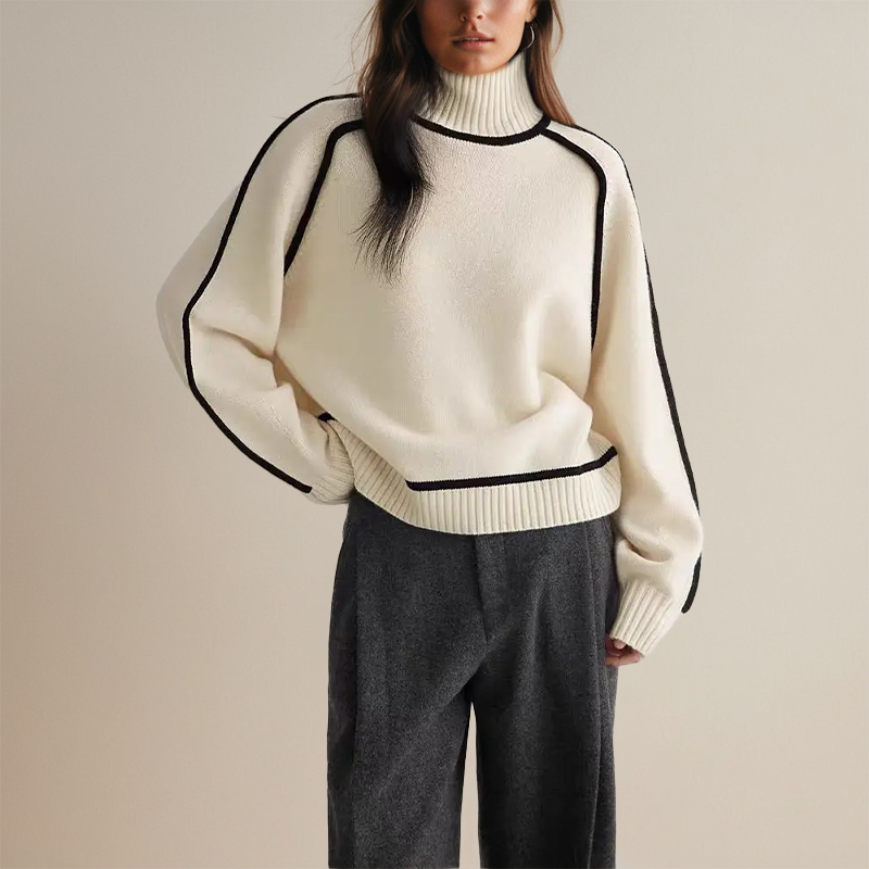 Women's Oversized Turtleneck Sweater with Contrast Sleeve Trim