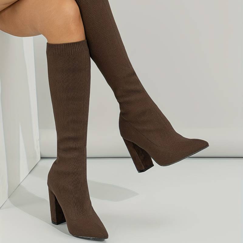 Knee-High Sock Boots for Women with Pointed Toe and Block Heel