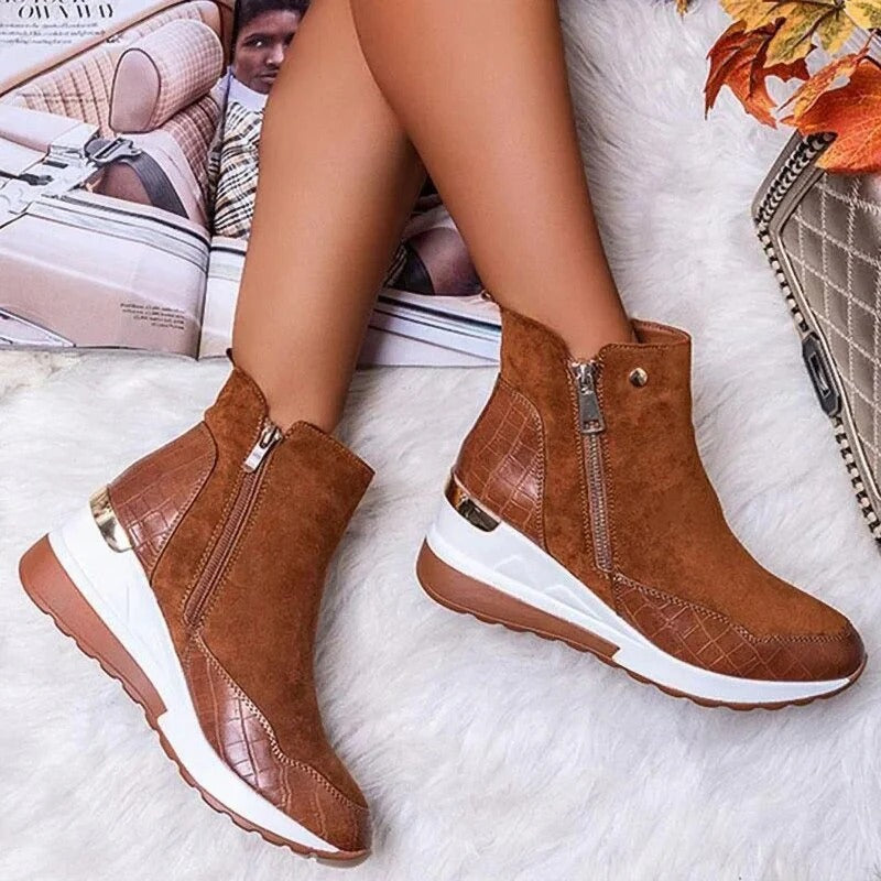 Women's Mid-Calf Wedge Ankle Boots with Side Zipper and Gold Details