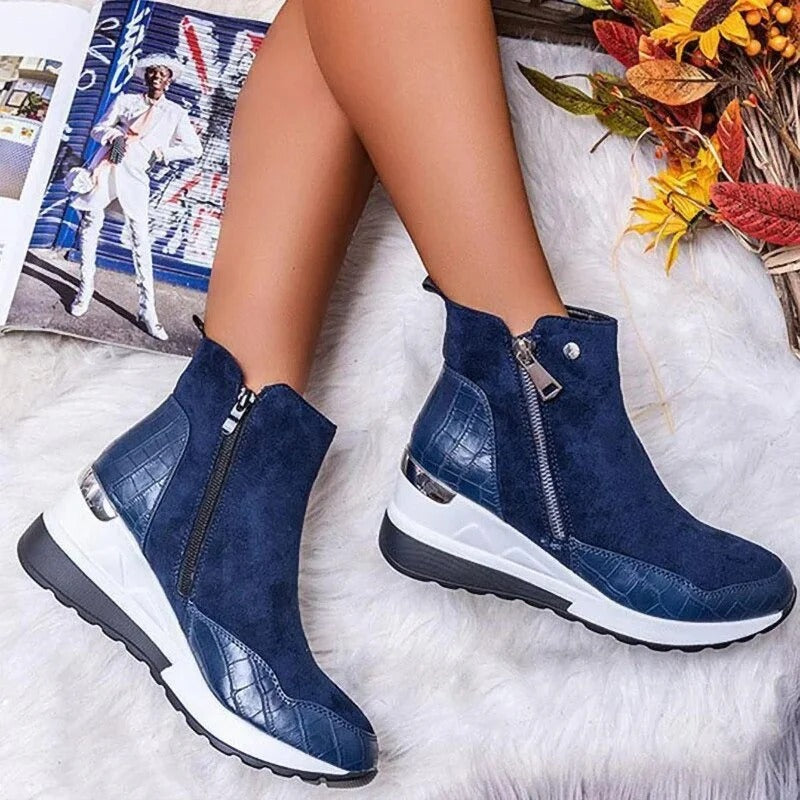 Women's Mid-Calf Wedge Ankle Boots with Side Zipper and Gold Details