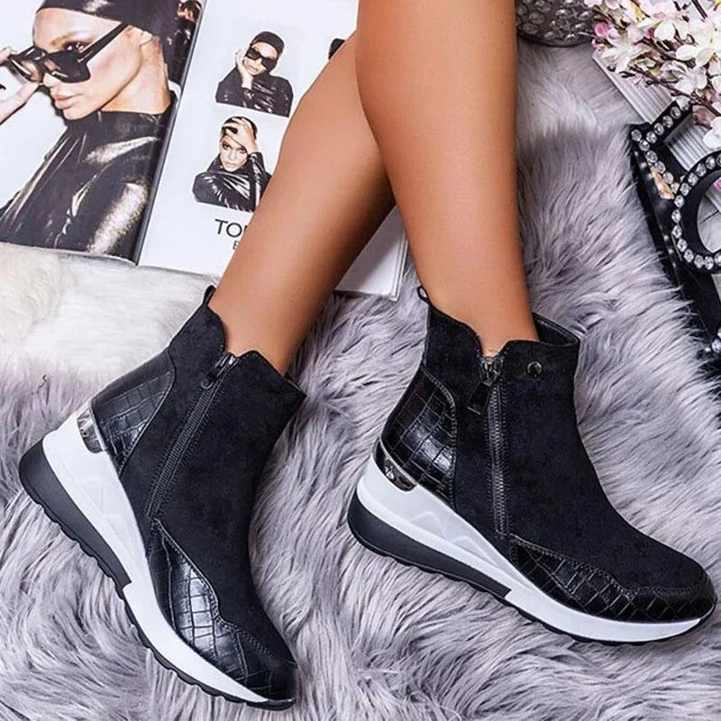 Women's Mid-Calf Wedge Ankle Boots with Side Zipper and Gold Details