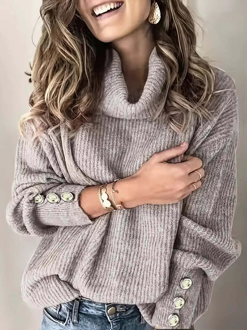 Women's Turtleneck Sweater with Button Sleeve Details - Relaxed Fit