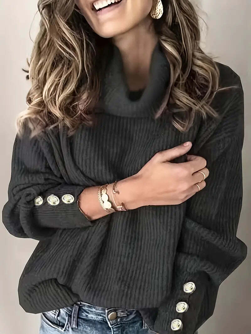 Women's Turtleneck Sweater with Button Sleeve Details - Relaxed Fit