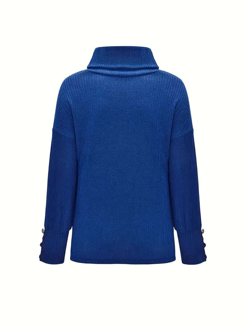 Women's Turtleneck Sweater with Button Sleeve Details - Relaxed Fit