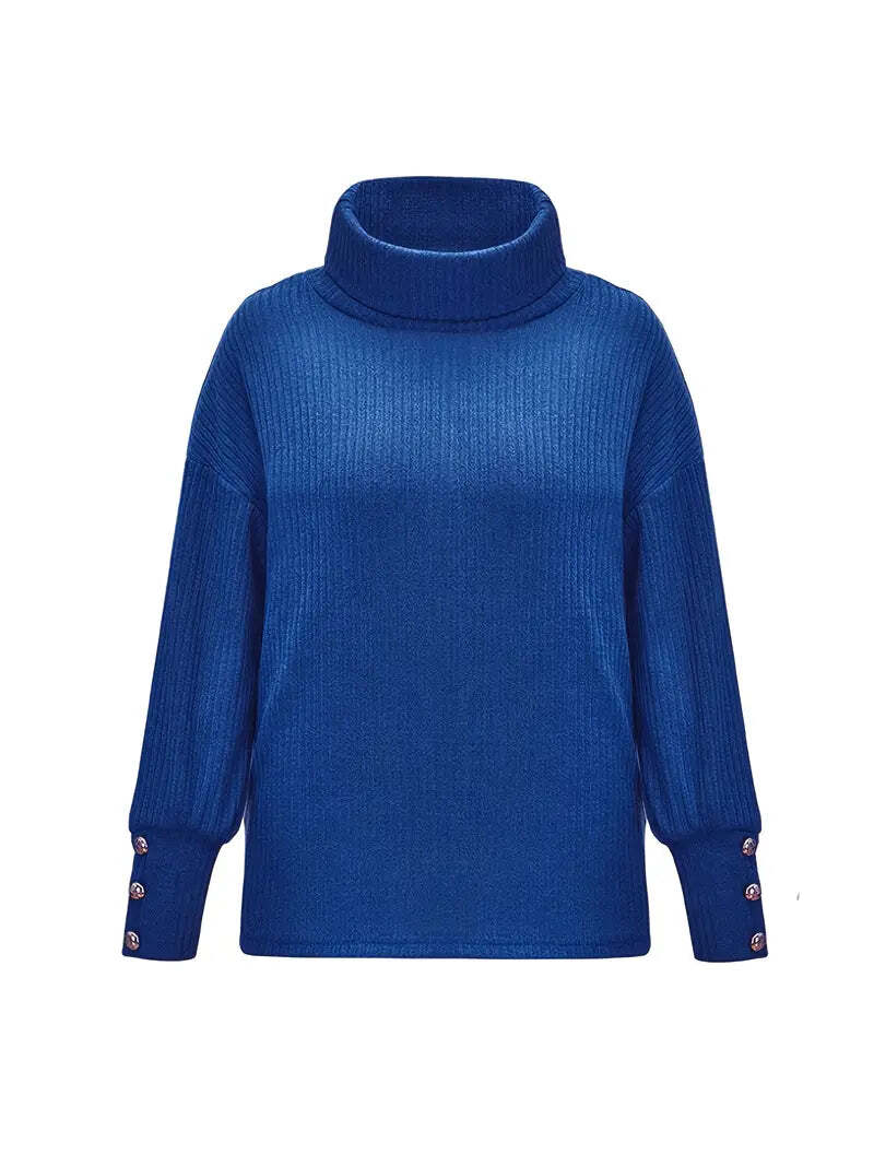 Women's Turtleneck Sweater with Button Sleeve Details - Relaxed Fit