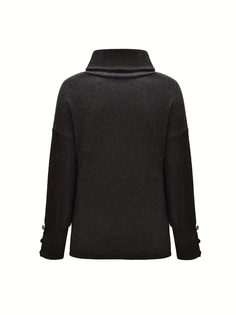 Women's Turtleneck Sweater with Button Sleeve Details - Relaxed Fit