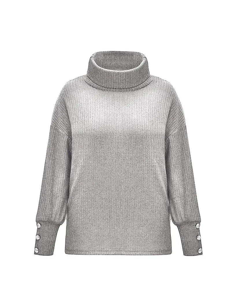 Women's Turtleneck Sweater with Button Sleeve Details - Relaxed Fit