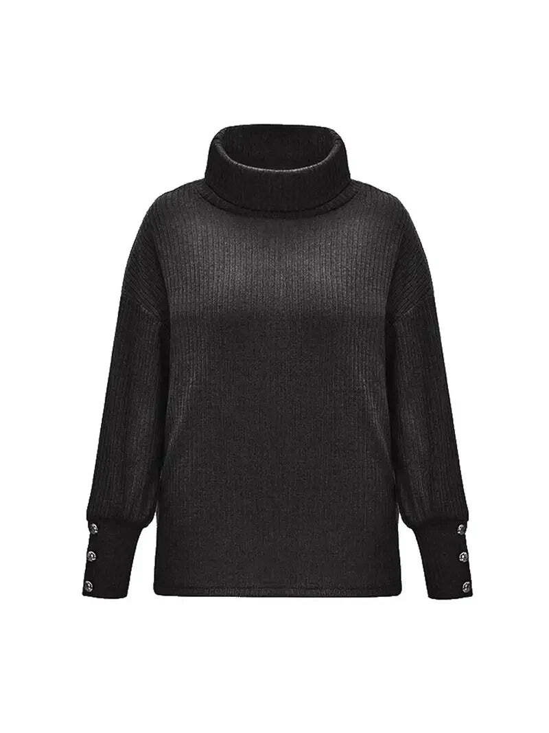 Women's Turtleneck Sweater with Button Sleeve Details - Relaxed Fit