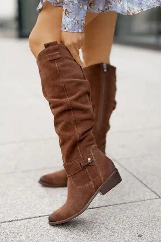 Women's Knee-High Boots with Low Heels and Side Zip Closure