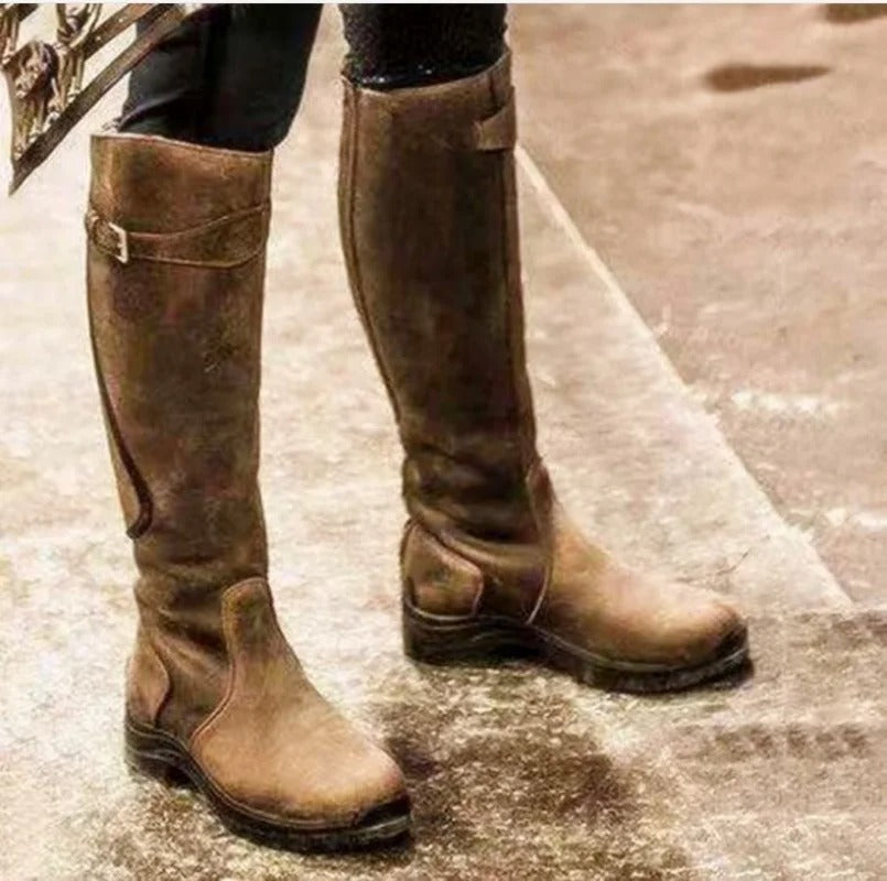 Women's Waterproof Knee-High Boots with Buckle Strap and Slip-Resistant Sole