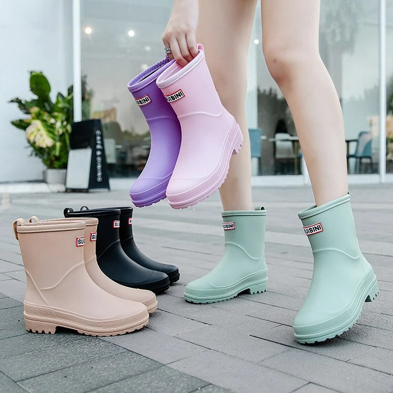 Women's Waterproof Mid-Calf Rain Boots with Slip-Resistant Sole