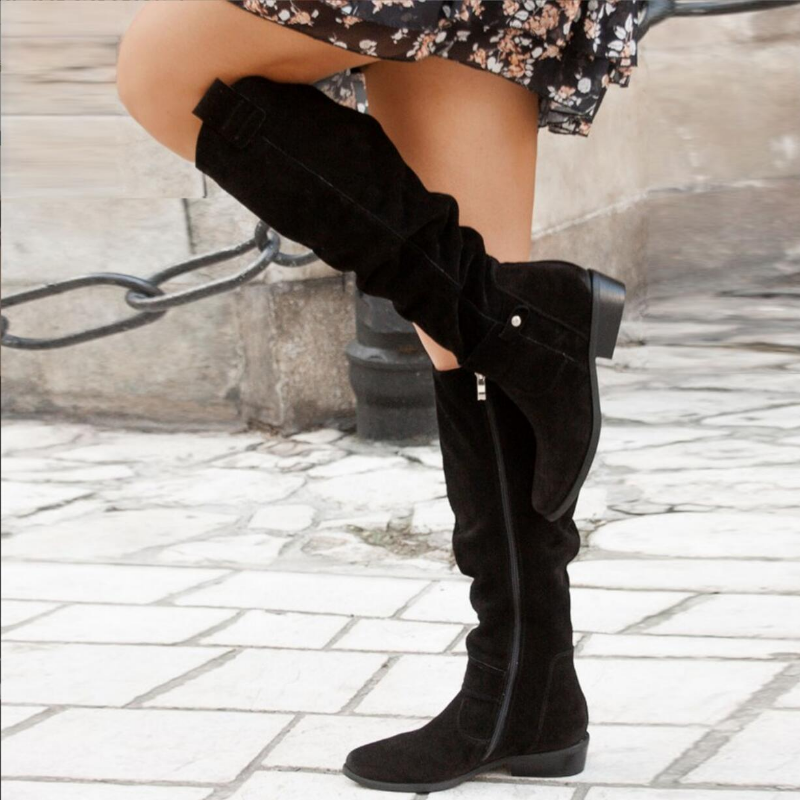 Women's Knee-High Boots with Low Heels and Side Zip Closure