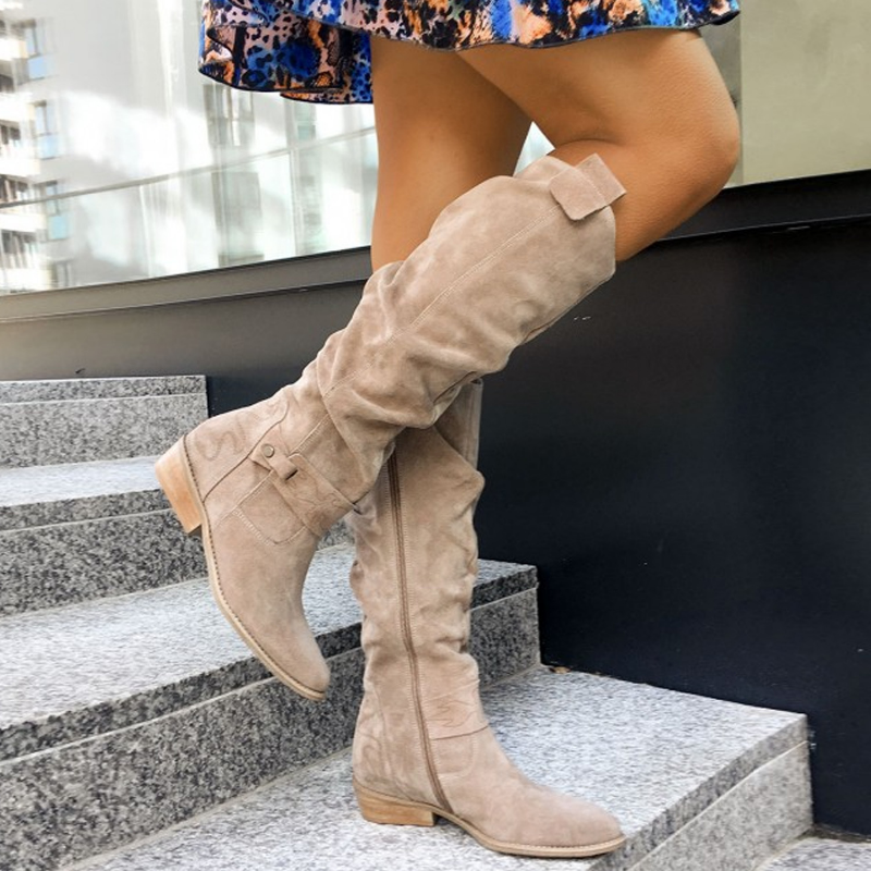 Women's Knee-High Boots with Low Heels and Side Zip Closure