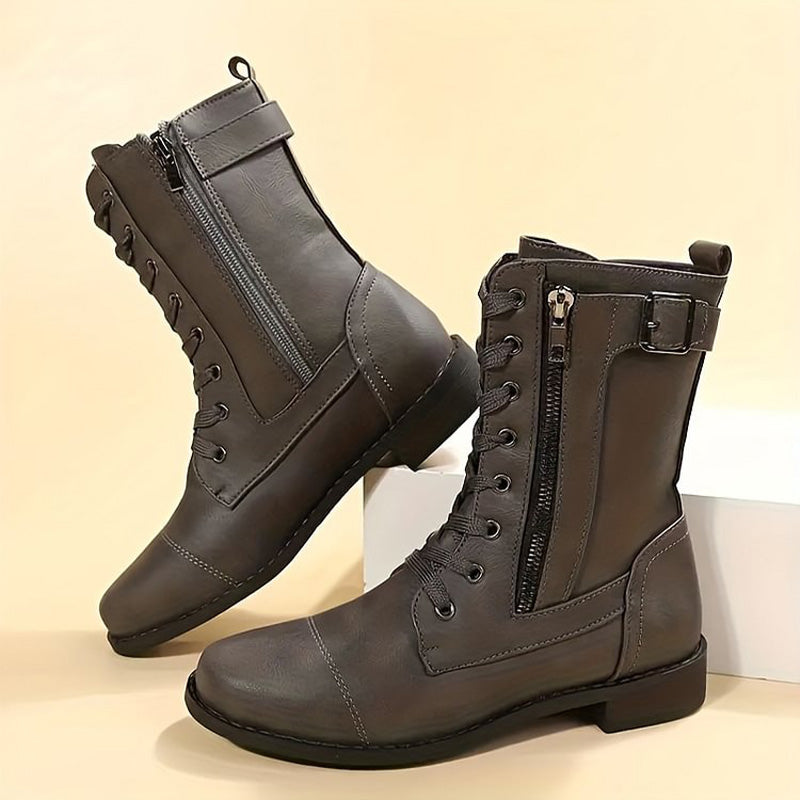 Women's Mid-Calf Lace-Up Boots Featuring Side Zipper and Buckle Strap Details