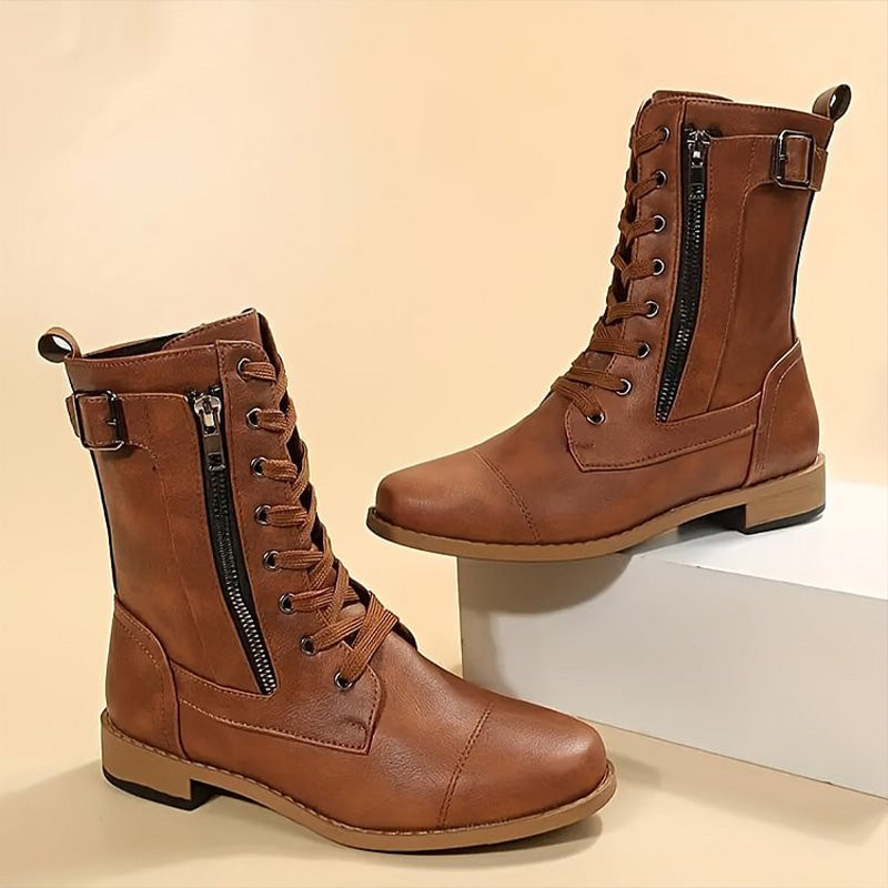 Women's Mid-Calf Lace-Up Boots Featuring Side Zipper and Buckle Strap Details