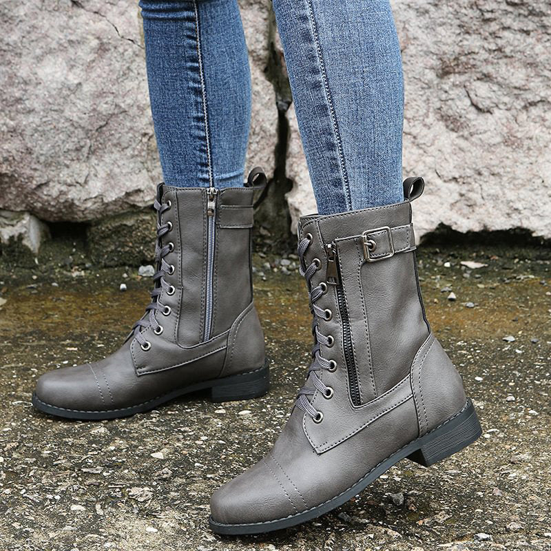 Women's Mid-Calf Lace-Up Boots Featuring Side Zipper and Buckle Strap Details