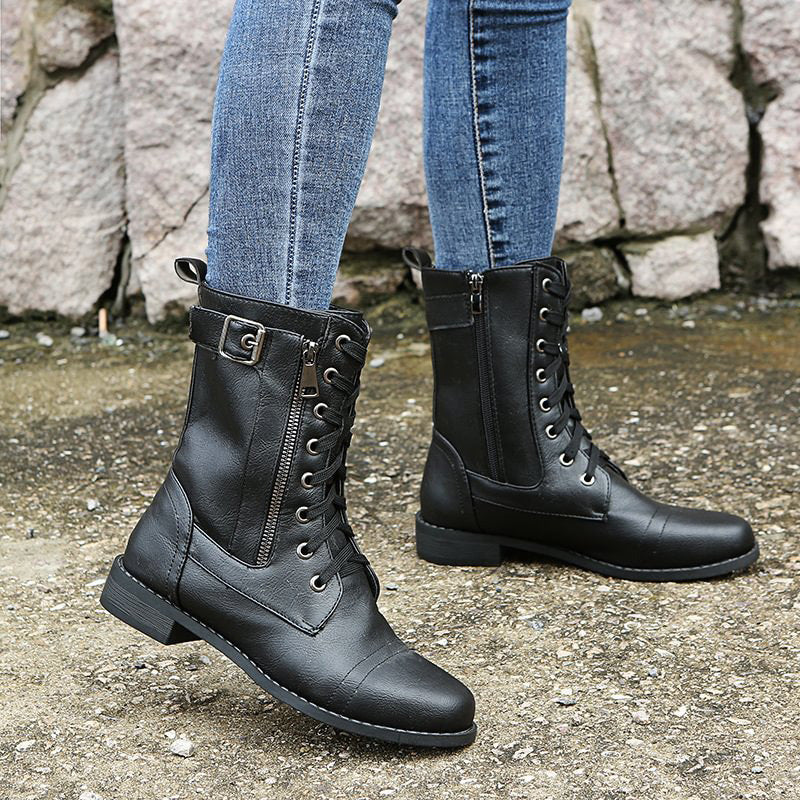 Women's Mid-Calf Lace-Up Boots Featuring Side Zipper and Buckle Strap Details