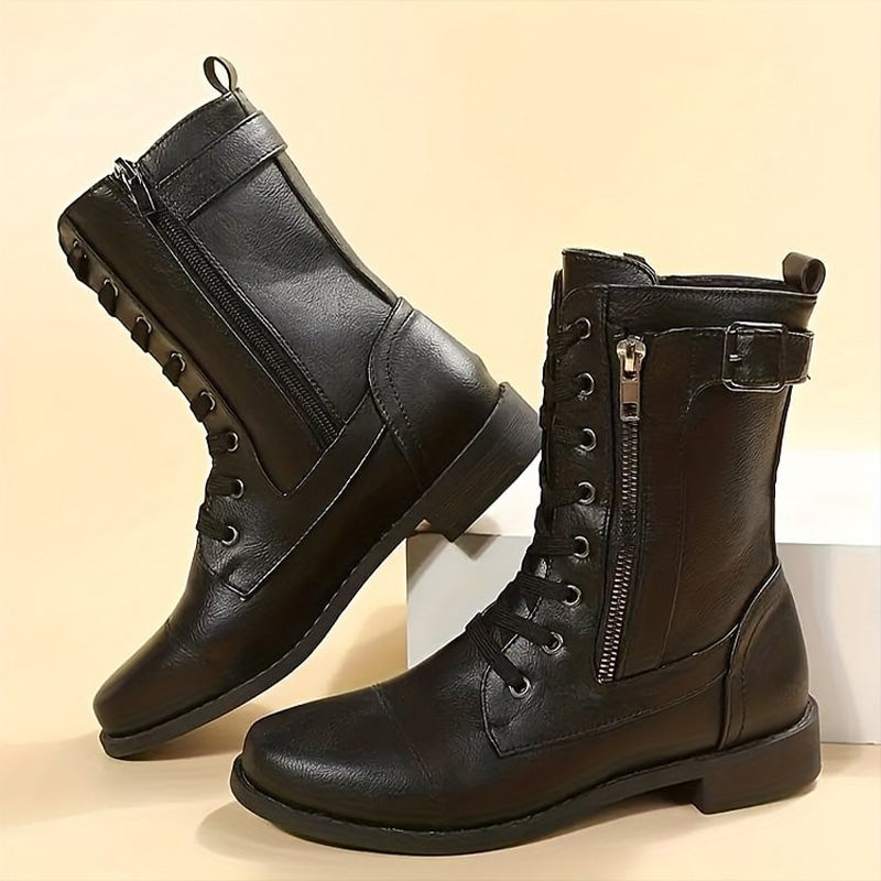 Women's Mid-Calf Lace-Up Boots Featuring Side Zipper and Buckle Strap Details