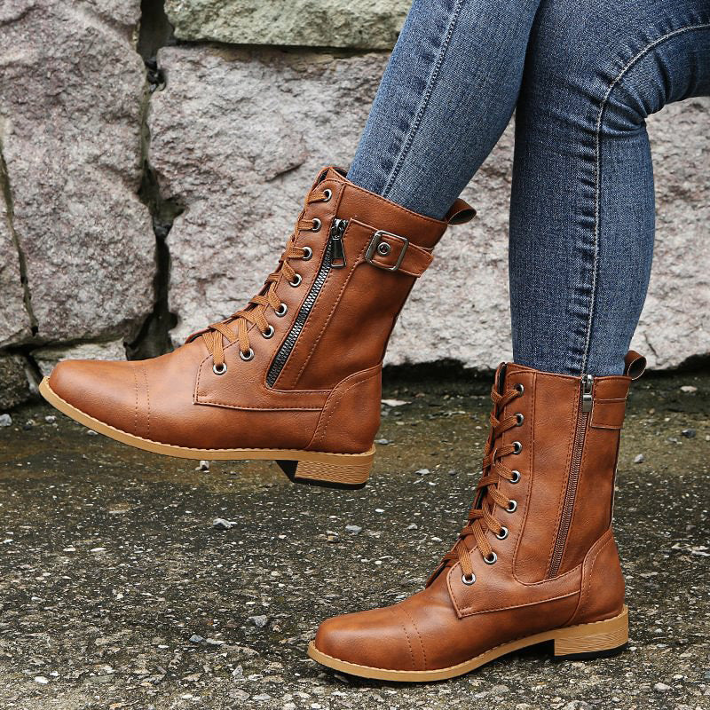 Women's Mid-Calf Lace-Up Boots Featuring Side Zipper and Buckle Strap Details