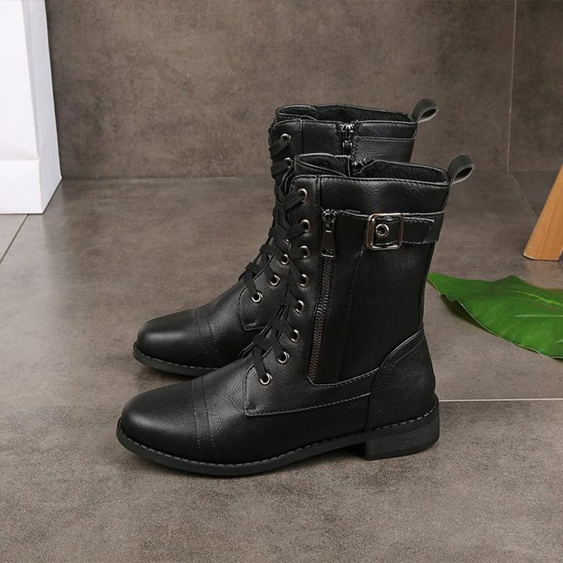 Women's Mid-Calf Lace-Up Boots Featuring Side Zipper and Buckle Strap Details