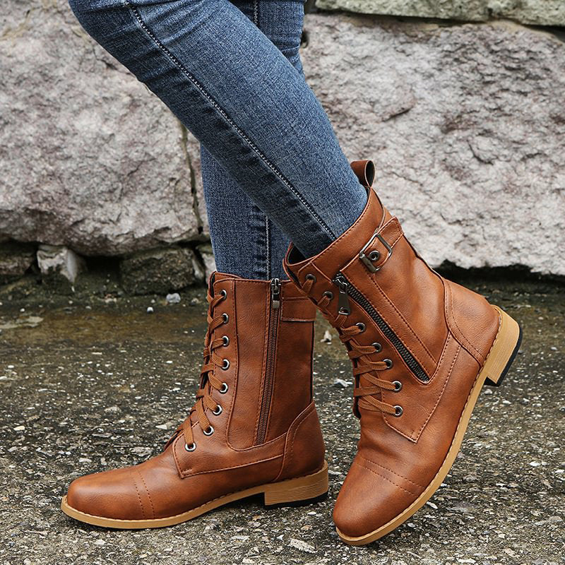 Women's Mid-Calf Lace-Up Boots Featuring Side Zipper and Buckle Strap Details